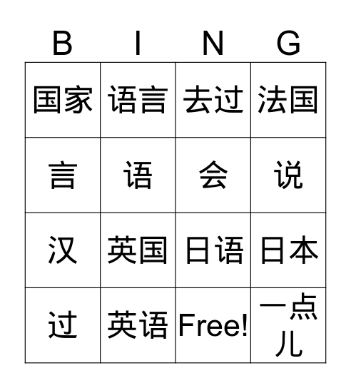 Country&Language Bingo Card