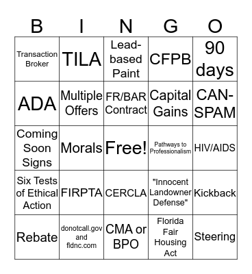 Continuing Education Review Bingo Card