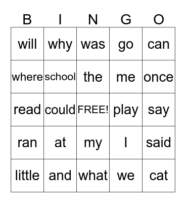 Sight Word Bingo Card