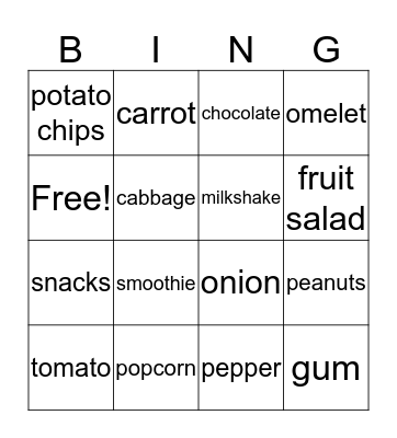 Things To Eat  Bingo Card