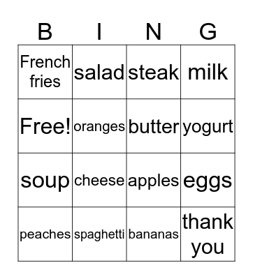 Things To Eat Bingo Card