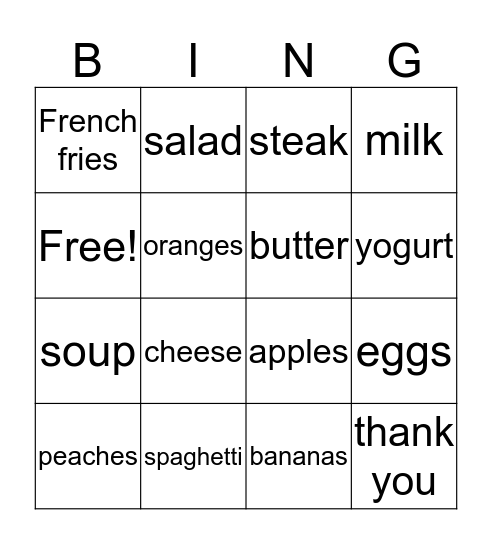 Things To Eat Bingo Card