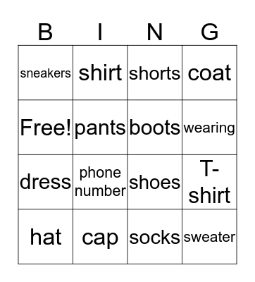 Things To Wear Bingo Card
