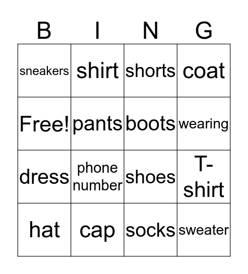 Things To Wear Bingo Card