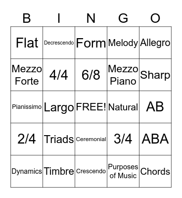 Music Vocabulary Bingo Card