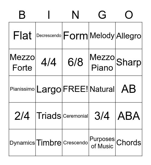 Music Vocabulary Bingo Card