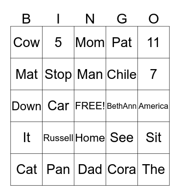 Russell's BINGO Card