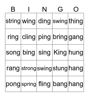 'ng' words Bingo Card