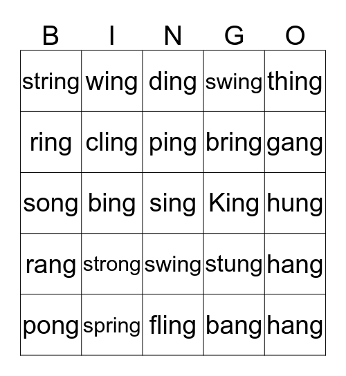'ng' words Bingo Card