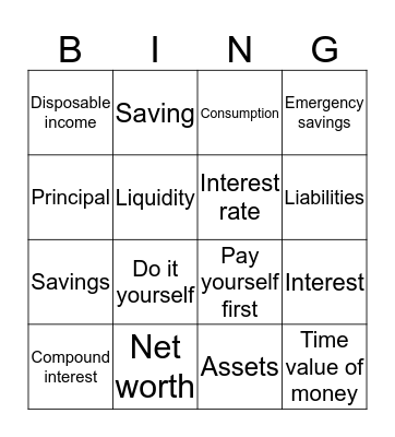 Savings Vocabulary Bingo Card