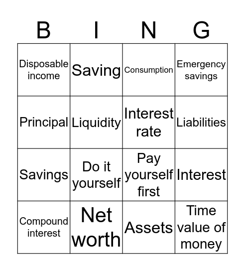 Savings Vocabulary Bingo Card