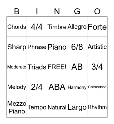 Music Vocabulary Bingo Card