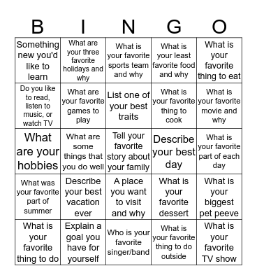 Get to Know you Bingo Card