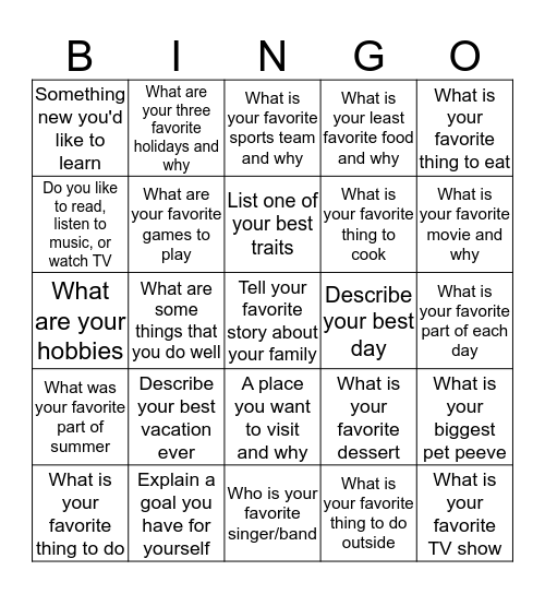 Get to Know you Bingo Card