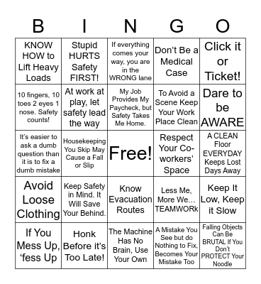 Safety Slogan  Bingo Card