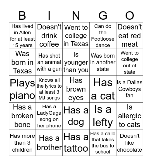 GETTING-TO-KNOW OTHERS BINGO Card