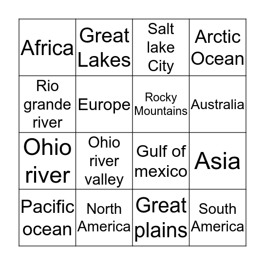 Geography Bingo  Bingo Card