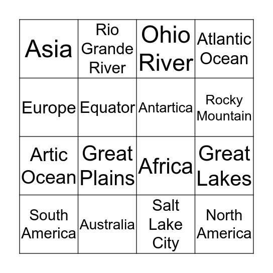 Geography Bingo  Bingo Card