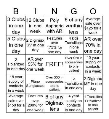 Sales Contest Bingo Card
