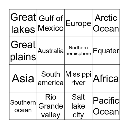 Geography Bingo  Bingo Card