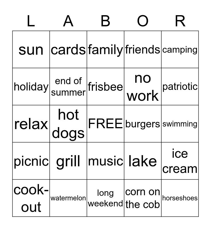 Labor Day Bingo Card