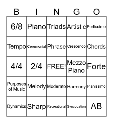 Music Vocabulary Bingo Card