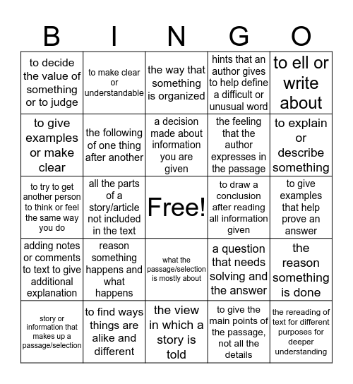 Reading Vocabulary/Definitions - Level 1 Bingo Card