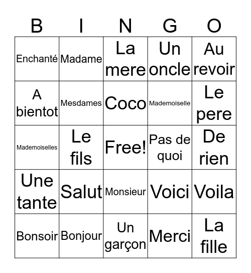 French Bingo Card