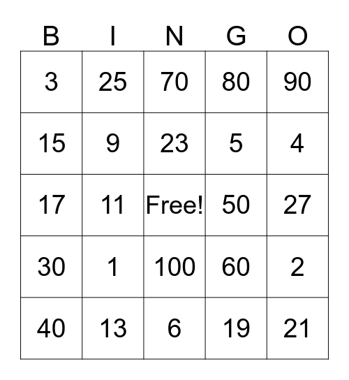 NUMEROS Bingo Card