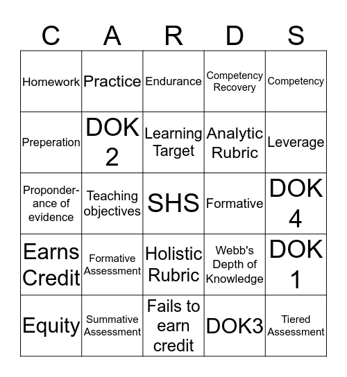 Standards Based  Bingo Card