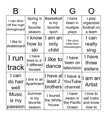 Getting to know you Bingo Card