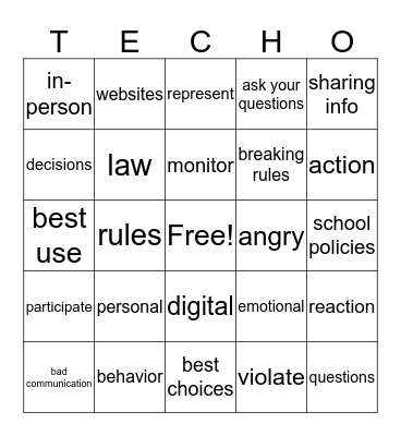 Digital Citizenship- Unit 2: Lesson 1 Terms Bingo Card