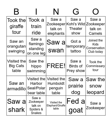 Zoo Bingo Card