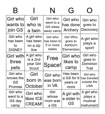 Girl Scout (GS) get to know you BINGO Card