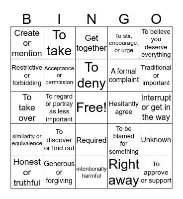 Vocabulary Bingo Card