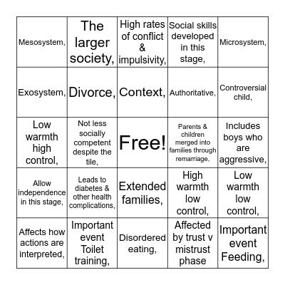 The Self, Social, & Moral Development Bingo Card