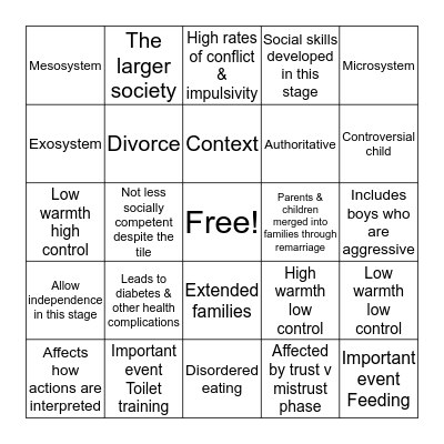 The Self, Social, & Moral Development Bingo Card