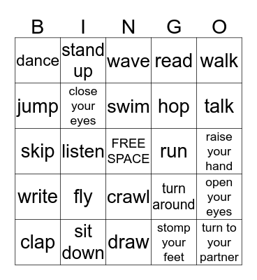 Actions Bingo Card