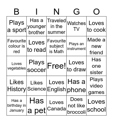 About Our Class Bingo Card