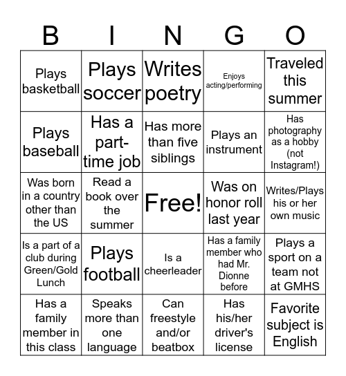 Getting to Know You Bingo Card