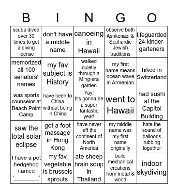 Get to Know You Bingo Card