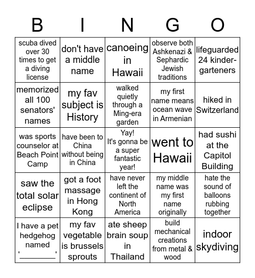 Get to Know You Bingo Card
