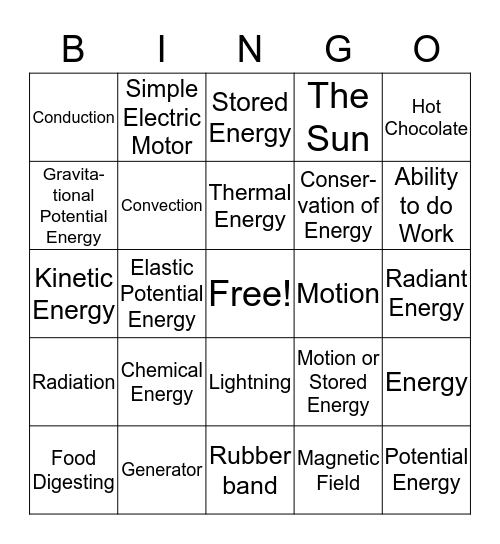 Energy Vocabulary Bingo Card