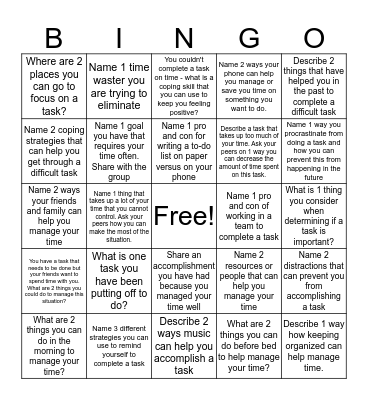 Time Management Bingo Card