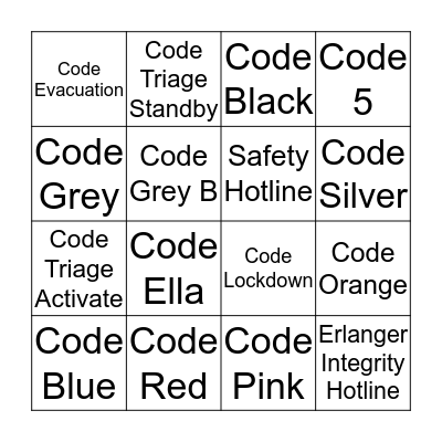 Erlanger Safety Codes Bingo Card
