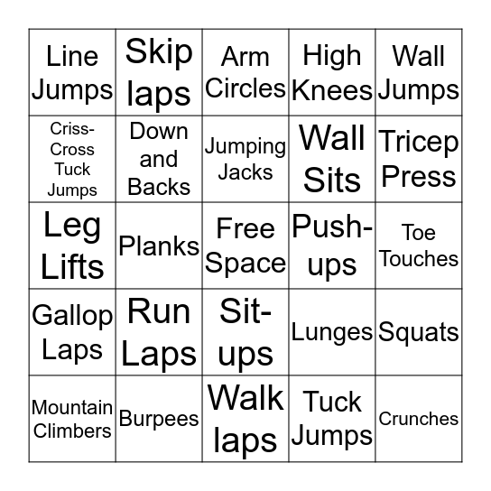 Fitness Bingo Card