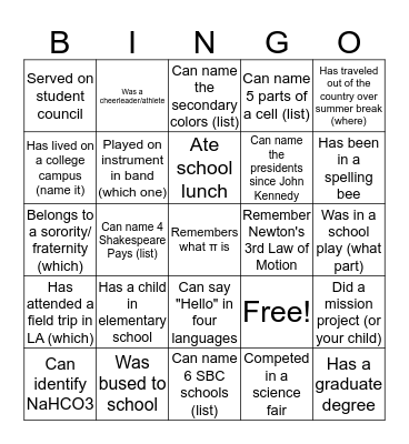 BACK 2 SCHOOL 2017 Bingo Card