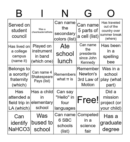 BACK 2 SCHOOL 2017 Bingo Card