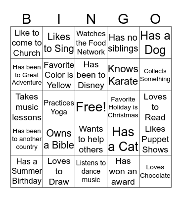 Sunday School Bingo Card