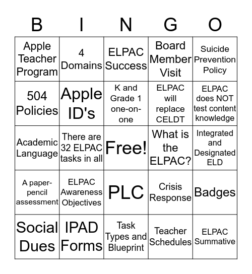 Los Feliz STEMM Magnet Professional Development 9/5/17 Bingo Card